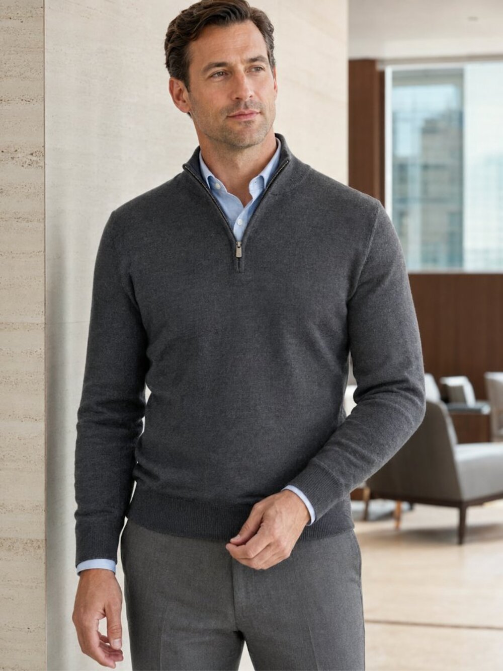 David Donahue Merino Wool Lyocell Quarter Zip Sweater Charcoal L